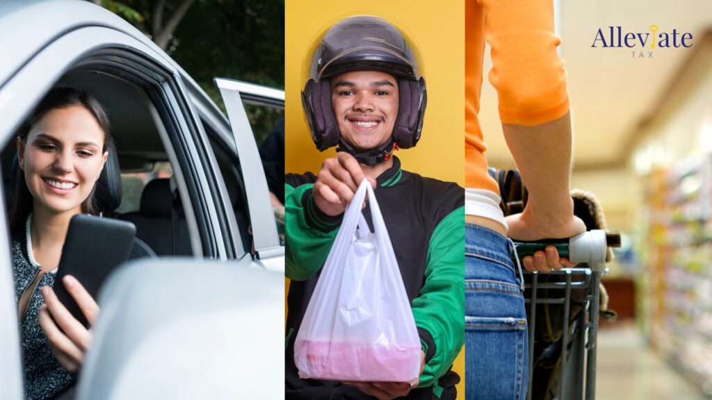 Three panel photo of a rideshare driver, food delivery driver, and instacart shopper.