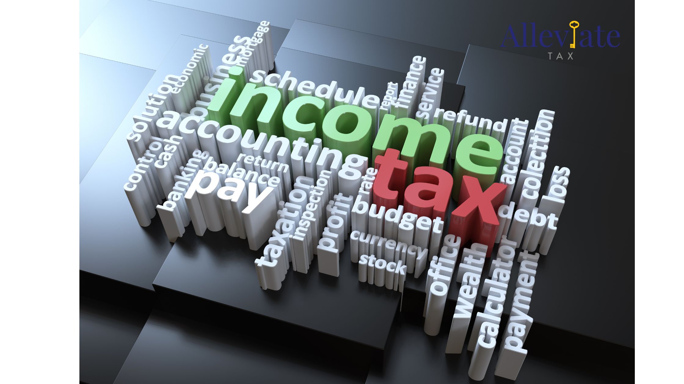 Word cloud of Income tax, accounting, balance, finance, and other words