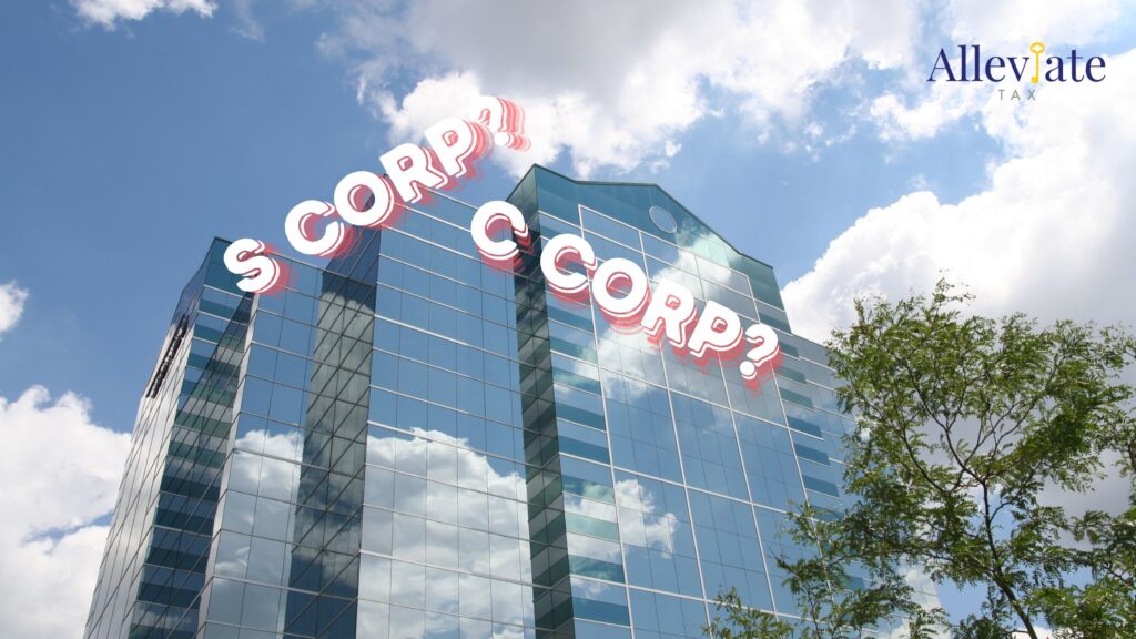 All-glass city skyscrapers against a blue sky and the words S corp and C corp.